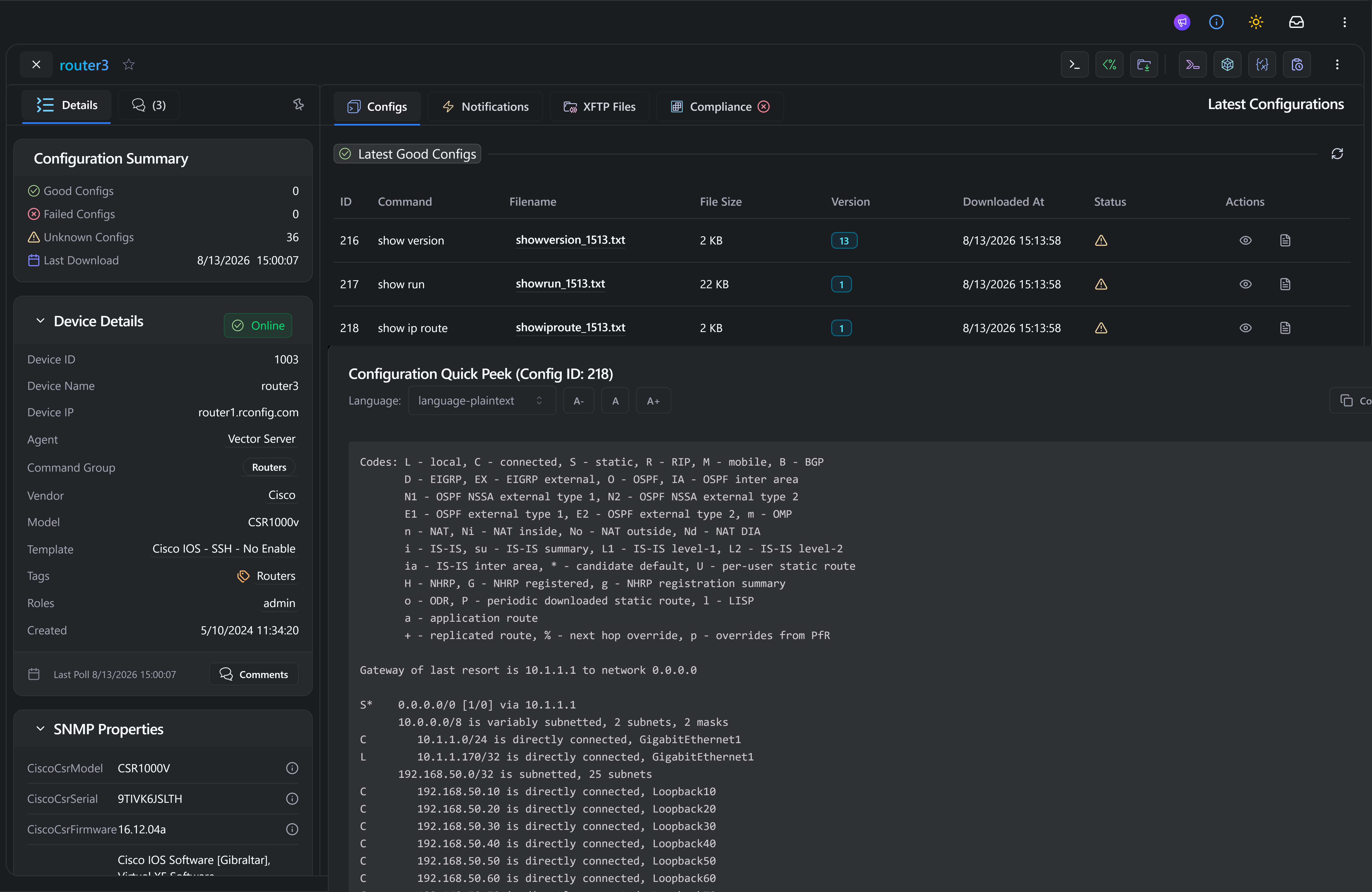 rConfig V8 interface showing configuration backups, device details and saved network configurations