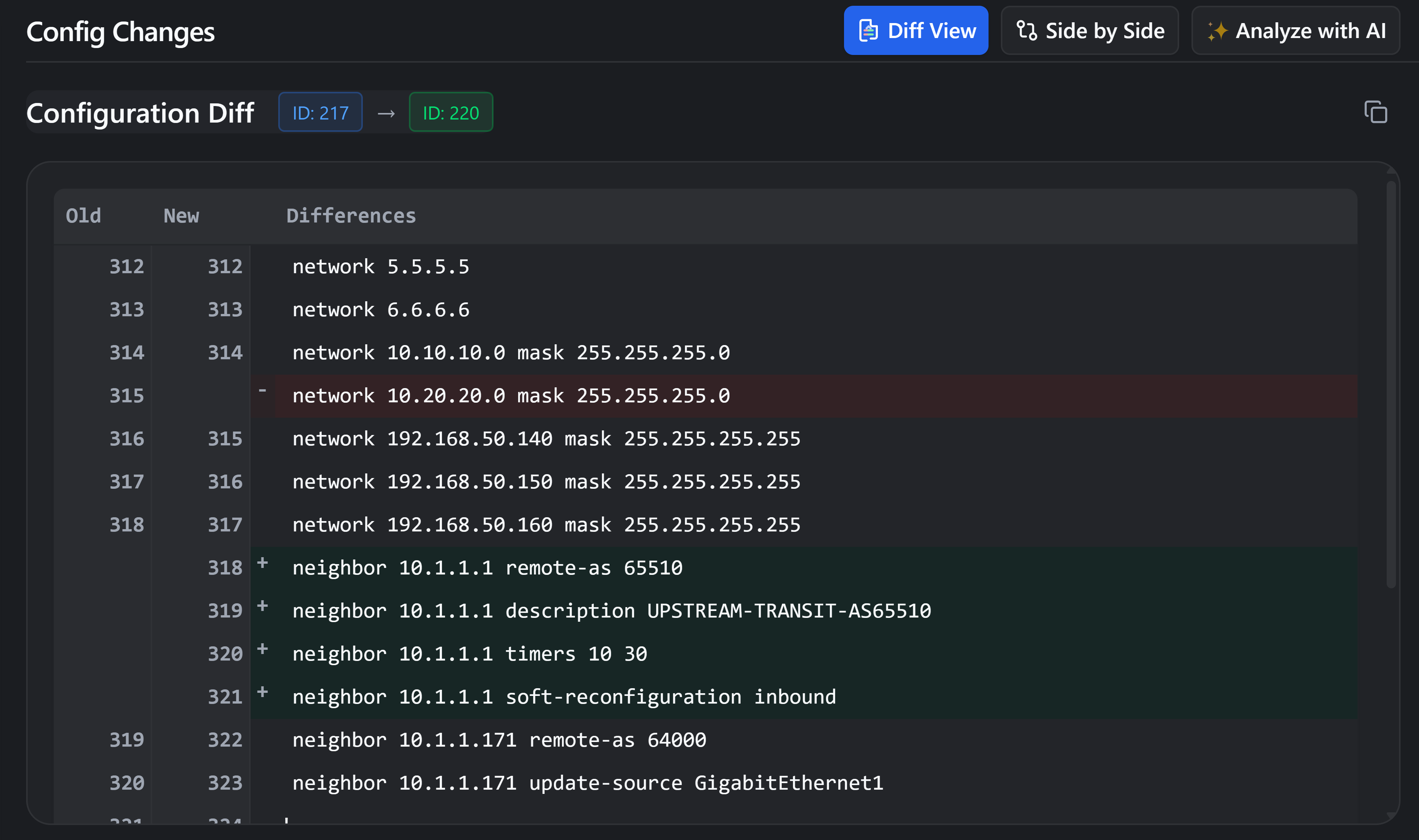 Network activity and change tracking in the rConfig V8 interface