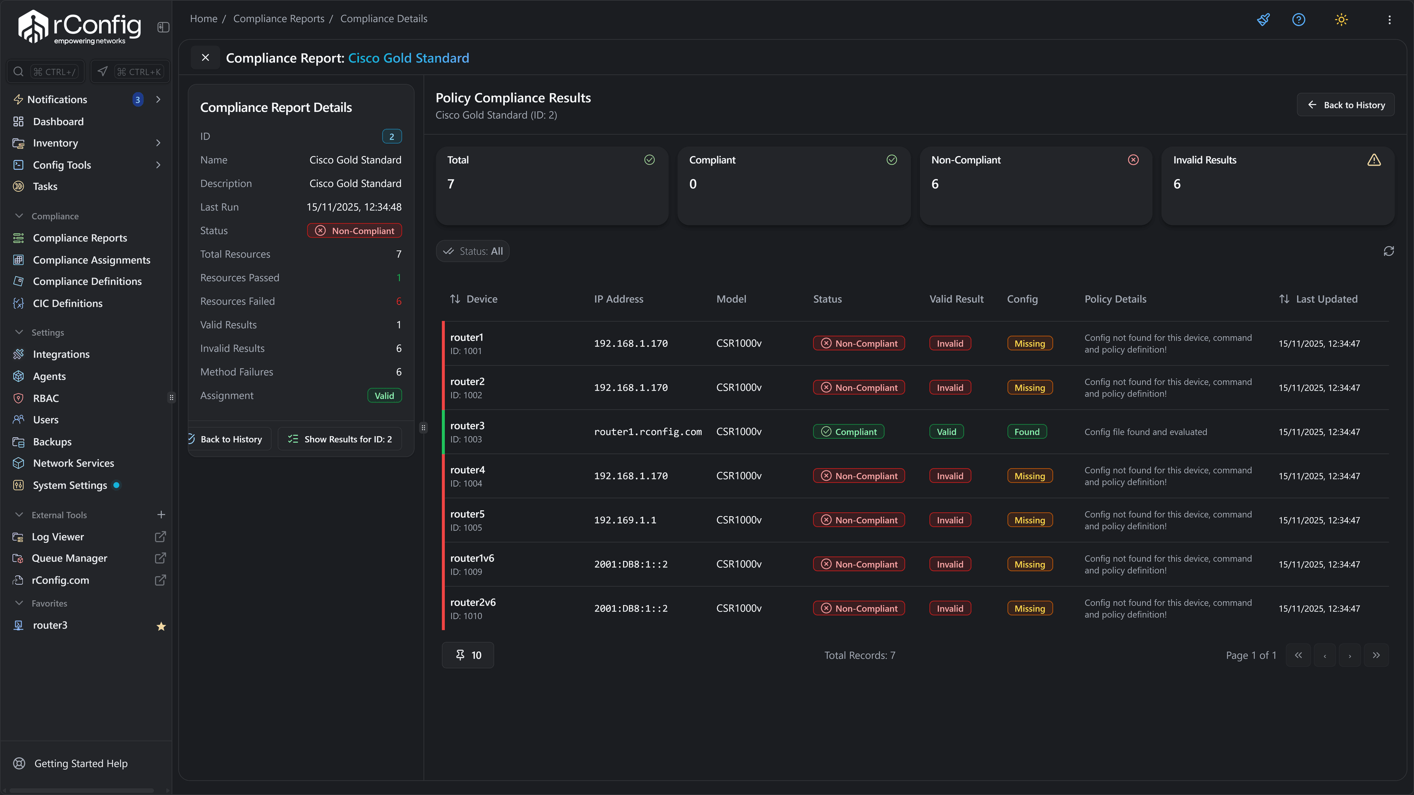 rConfig V8 Pro compliance report for a Cisco Gold Standard policy, listing per-device compliant and non-compliant results