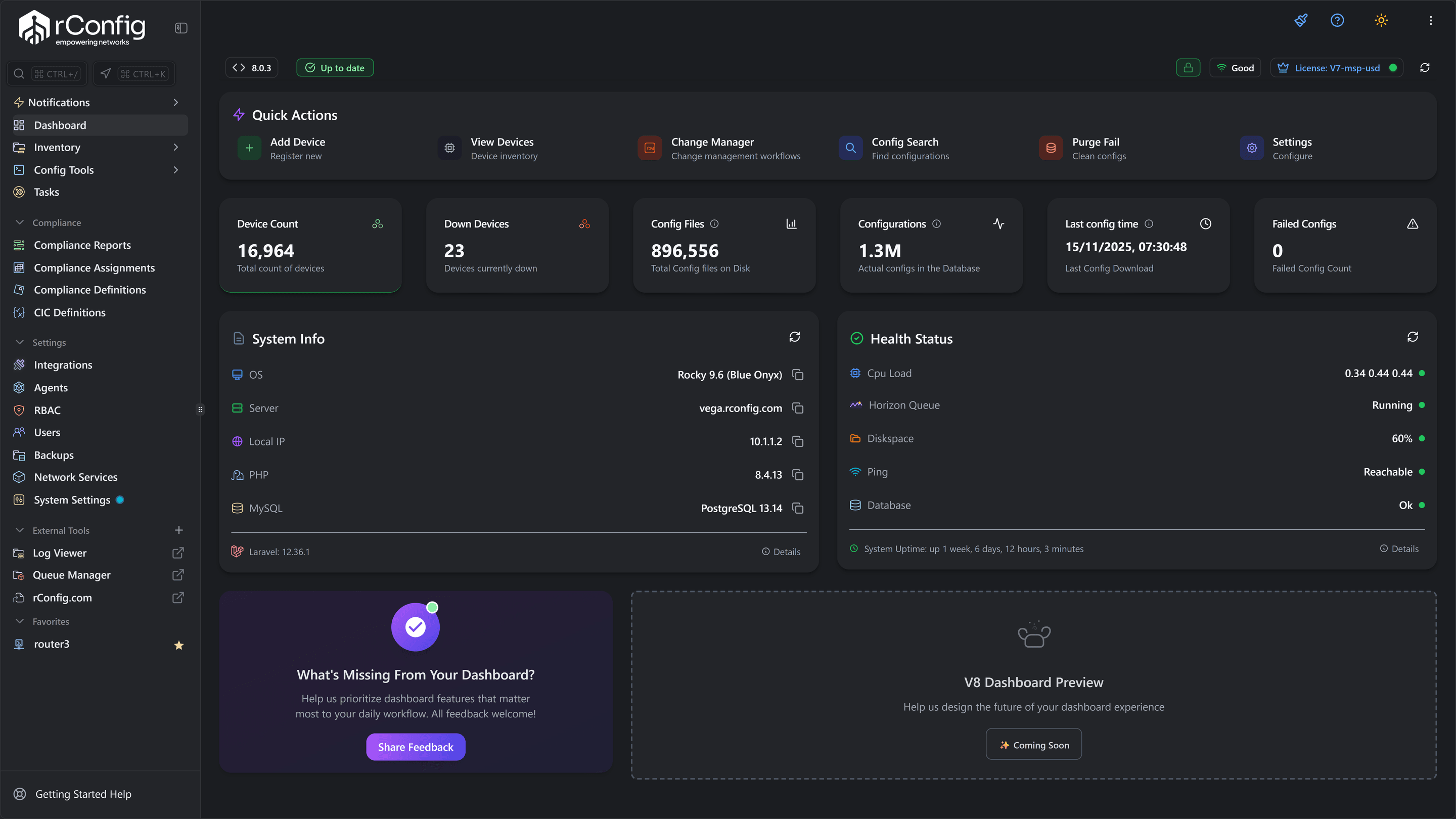 Network configuration management dashboard view