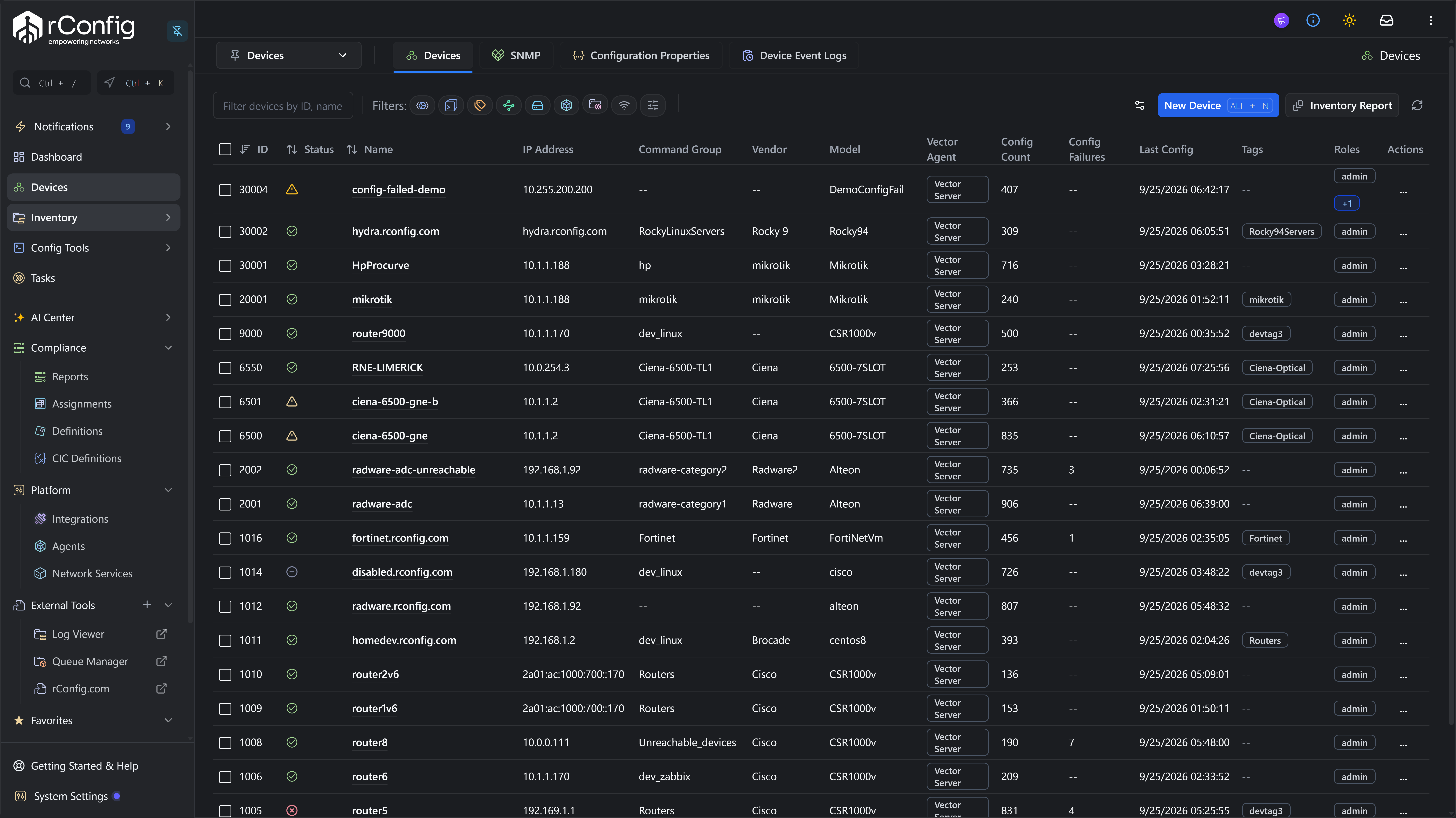 rConfig device inventory view listing managed devices with vendor, model, config count, and status