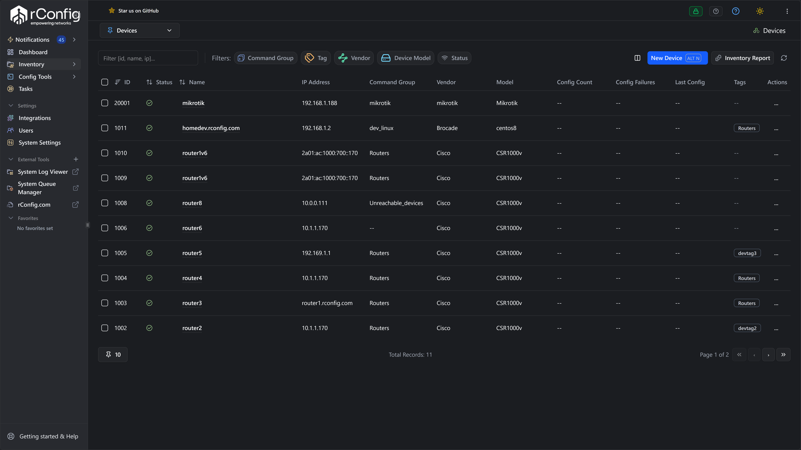 rConfig V8 Core device inventory dashboard showing multi-vendor network configuration backups across Cisco, MikroTik and Brocade devices